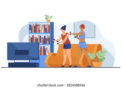 Mujeres activas haciendo ejercicio en video juntas. Sala de estar, aeróbic, ilustración de vector plana de salud. Concepto de aptitud y actividad para banner, diseño de sitio web o página web de aterrizaje