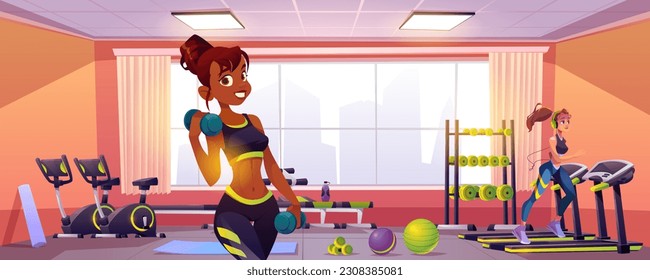 Active women exercising in gym. Vector cartoon illustration of fit girls running on threadmill, doing dumbbell exercise and smiling. Sports club interior with equipment for training. Healthy lifestyle