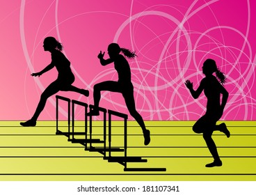 Active women girl sport athletics hurdles barrier running silhouettes illustration background vector