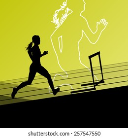 Active women girl sport athletics hurdles barrier running silhouettes illustration 