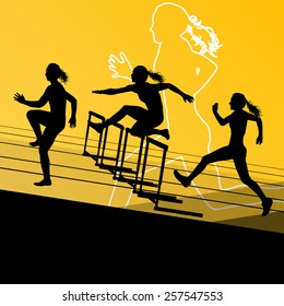 Active women girl sport athletics hurdles barrier running silhouettes illustration 