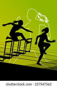 Active women girl sport athletics hurdles barrier running silhouettes illustration