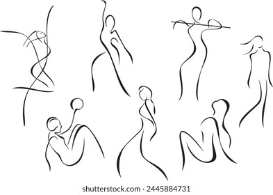 Active women line drawing vector illustrations, vinyl ready. Sporting, gymnastics, fitness and dancing silhouettes sketches. Great for sport  
 and beauty logos, signs, banners, flyers and posters.