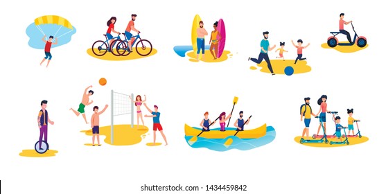 Active Women and Men Having Rest Flat Cartoon Set. People Cycling, Parasailing, Surfing, Playing Ball and Volleyball, Riding Unicycle, Driving Moped, Scooting, Boating. Vector Illustration