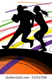 Active women rugby players young healthy sport silhouettes abstract line vector background illustration