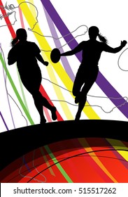 Active women rugby players young healthy sport silhouettes abstract line vector background illustration