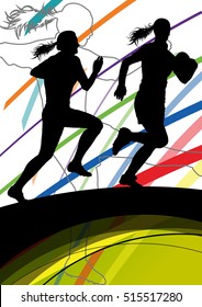 Active women rugby players young healthy sport silhouettes abstract line vector background illustration