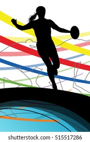 Active women rugby players young healthy sport silhouettes abstract line vector background illustration