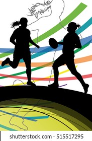 Active women rugby players young healthy sport silhouettes abstract line vector background illustration