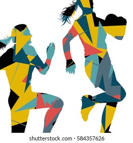 Active women rugby players young healthy sport silhouettes abstract mosaic vector background illustration