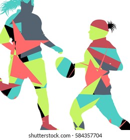 Active women rugby players young healthy sport silhouettes abstract mosaic vector background illustration