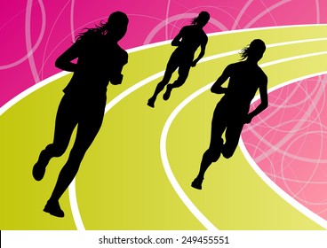 Active women runner sport athletics running silhouettes illustration background vector