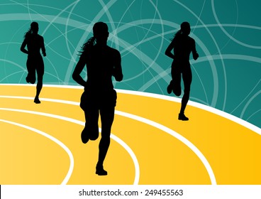 Active women runner sport athletics running silhouettes illustration background vector