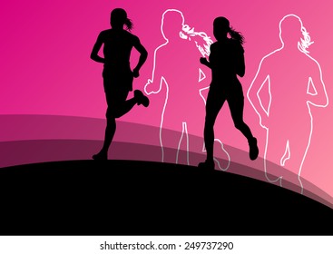 Active women runner sport athletics running silhouettes illustration background vector