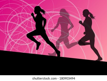 Active women sport athletics running silhouettes illustration abstract background vector