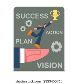Active worker jumping to goblet. Success, action, plan, vision. Concept of deadlines, successful worker achieve goals by passing all stages of work and receiving trophy. Flat vector illustration