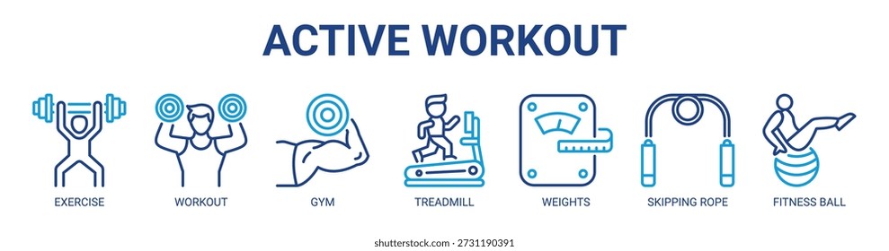 Conceito de ilustração vetorial de ícone de banner da web de treino ativo com ícone de exercício, treino, academia, esteira, pesos, pular corda e bola de fitness.