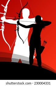 Active young archery sport man and woman silhouettes in abstract background illustration vector