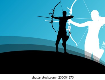 Active young archery sport man and woman silhouettes in abstract background illustration vector