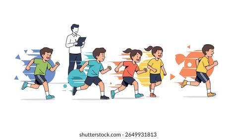 Active young athletes compete in a lively track and field race with energetic motion effects overseen by an instructor