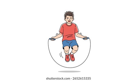 Active young boy enthusiastically enjoying a vigorous session of jump roping for fitness and fun outdoors on a bright sunny day demonstrating healthy lifestyle choices