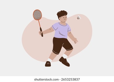 Active Young Boy Playing Badminton Hitting Shuttlecock Vector