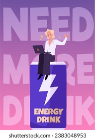 Active young businesswoman with laptop is sitting on huge Energy drink can. Full of power and positive energy vitality. Energetic characters works efficiently flat vector poster