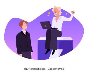 Active young businesswoman with laptop, works efficiently. Full of power and positive energy vitality. Energetic characters after drinking energy drink flat vector illustration