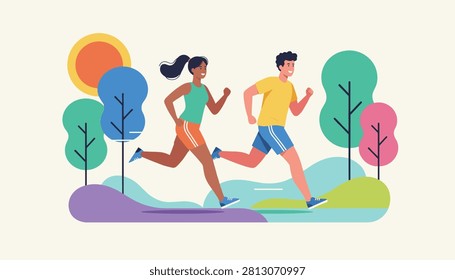 Active young couple jogs together through a vibrant park with colorful stylized trees and a bright sun during a morning run.