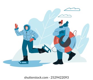 Active young couple in winter season, flat vector illustration isolated on white background. Woman on skates and man running with tube for sliding down ice slides. Winter fun and sport.