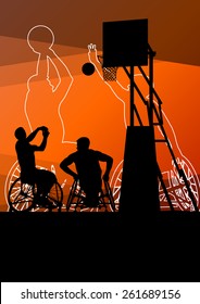 Active young disabled men basketball players in a wheelchair detailed sport concept silhouette illustration background vector