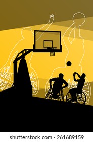 Active young disabled men basketball players in a wheelchair detailed sport concept silhouette illustration background vector