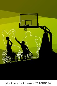 Active young disabled men basketball players in a wheelchair detailed sport concept silhouette illustration background vector