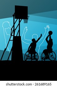 Active young disabled men basketball players in a wheelchair detailed sport concept silhouette illustration background vector