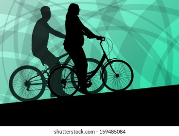 Active young family cyclists bicycle riders active sport silhouettes vector background illustration