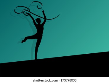 Active young girl calisthenics sport gymnast silhouette in acrobatics flying ribbon abstract background illustration vector