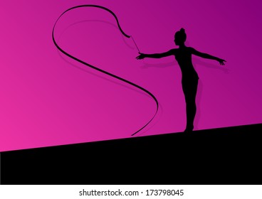 Active young girl calisthenics sport gymnast silhouette in acrobatics flying ribbon abstract background illustration vector