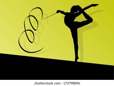 Active young girl calisthenics sport gymnast silhouette in acrobatics flying ribbon abstract background illustration vector