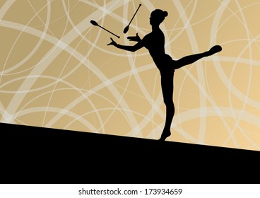 Active young girl calisthenics sport gymnast silhouette with clubs  in acrobatics abstract background illustration vector