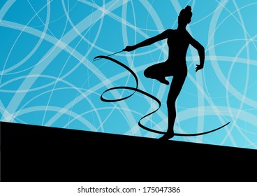 Active young girl calisthenics sport gymnast silhouette in acrobatics flying ribbon abstract background illustration vector