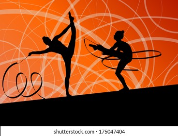 Active young girl calisthenics sport gymnasts silhouettes in acrobatics flying ribbon abstract background illustration vector