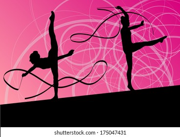 Active young girl calisthenics sport gymnasts silhouettes in acrobatics flying ribbon abstract background illustration vector