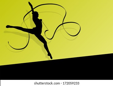 Active young girl gymnast silhouette in acrobatics flying ribbon abstract background illustration vector