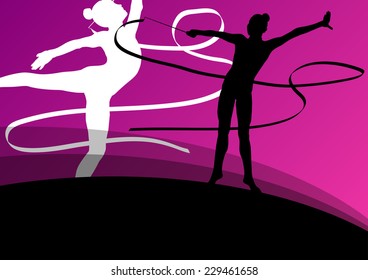 Active young girl gymnasts silhouettes in acrobatics flying ribbon abstract background illustration vector