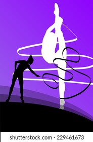 Active young girl gymnasts silhouettes in acrobatics flying ribbon abstract background illustration vector