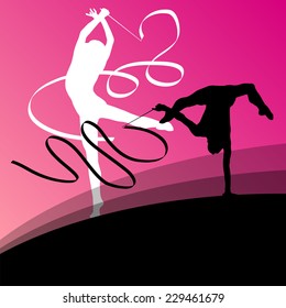 Active young girl gymnasts silhouettes in acrobatics flying ribbon abstract background illustration vector