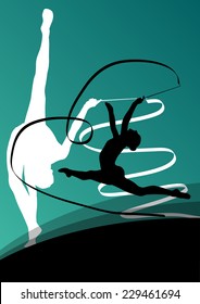 Active young girl gymnasts silhouettes in acrobatics flying ribbon abstract background illustration vector