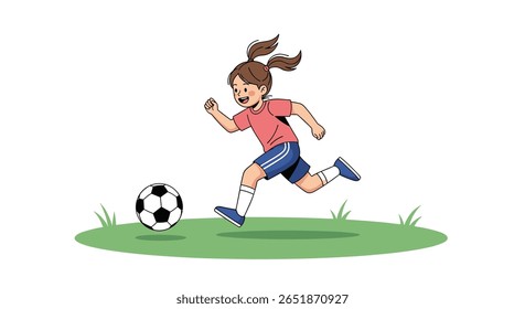 Menina ativa com rabo de cavalo joga futebol em um campo gramado chutando a bola