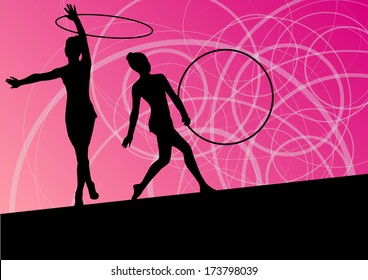 Active young girls calisthenics sport gymnasts silhouettes in spinning rings abstract background illustration vector