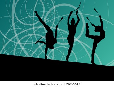 Active young girls calisthenics sport gymnasts silhouettes with clubs  in acrobatics abstract background illustration vector